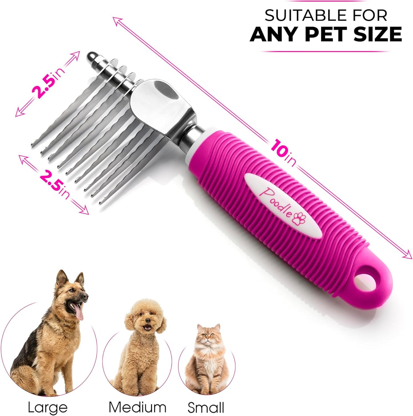 Poodle Dematting Fur Rake Comb Brush for Dogs and Cats - Long 2.5" Steel Safety Blades Metal Comb for Detangling Matted or Knotted Undercoat Hair