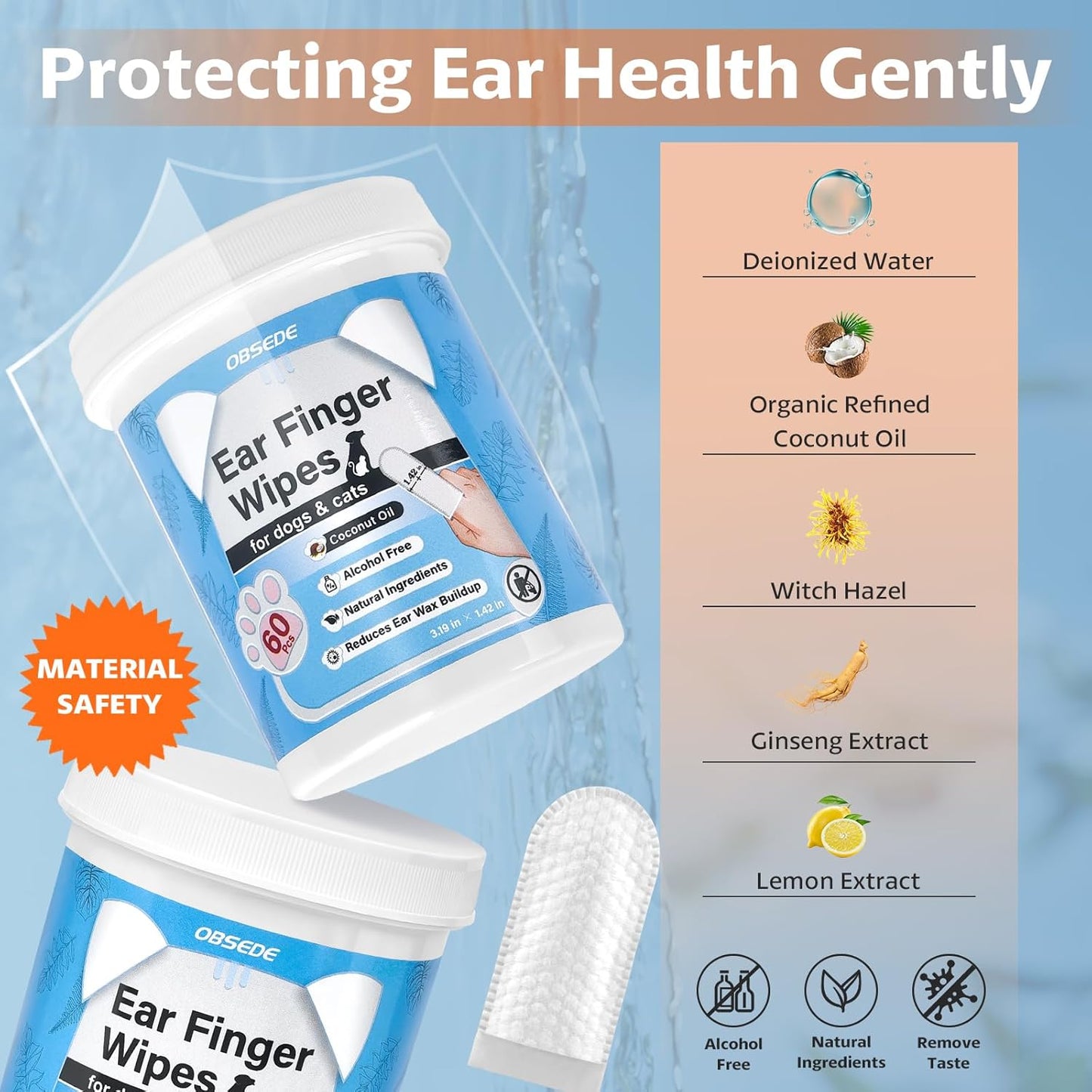 OBSEDE Dog & Cat Ear Wipes, Finger Sleeve Design for Gentle Wax & Dirt Reduce, Odor Control, Fresh Coconut Scent, Easy at-Home Pet Grooming, 120 Count