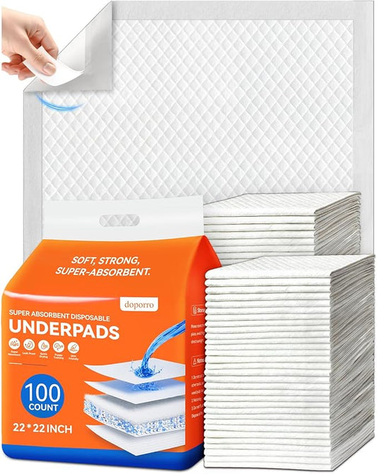 Disposable Puppy Pads, Absorbent Pee Pads for Baby 100 Count 22"x22", Leak Proof Quick Drying Incontinence Bed Underpads, Dog Potty Training Wee Wee Pads with Anti-Slip Adhesive Strips