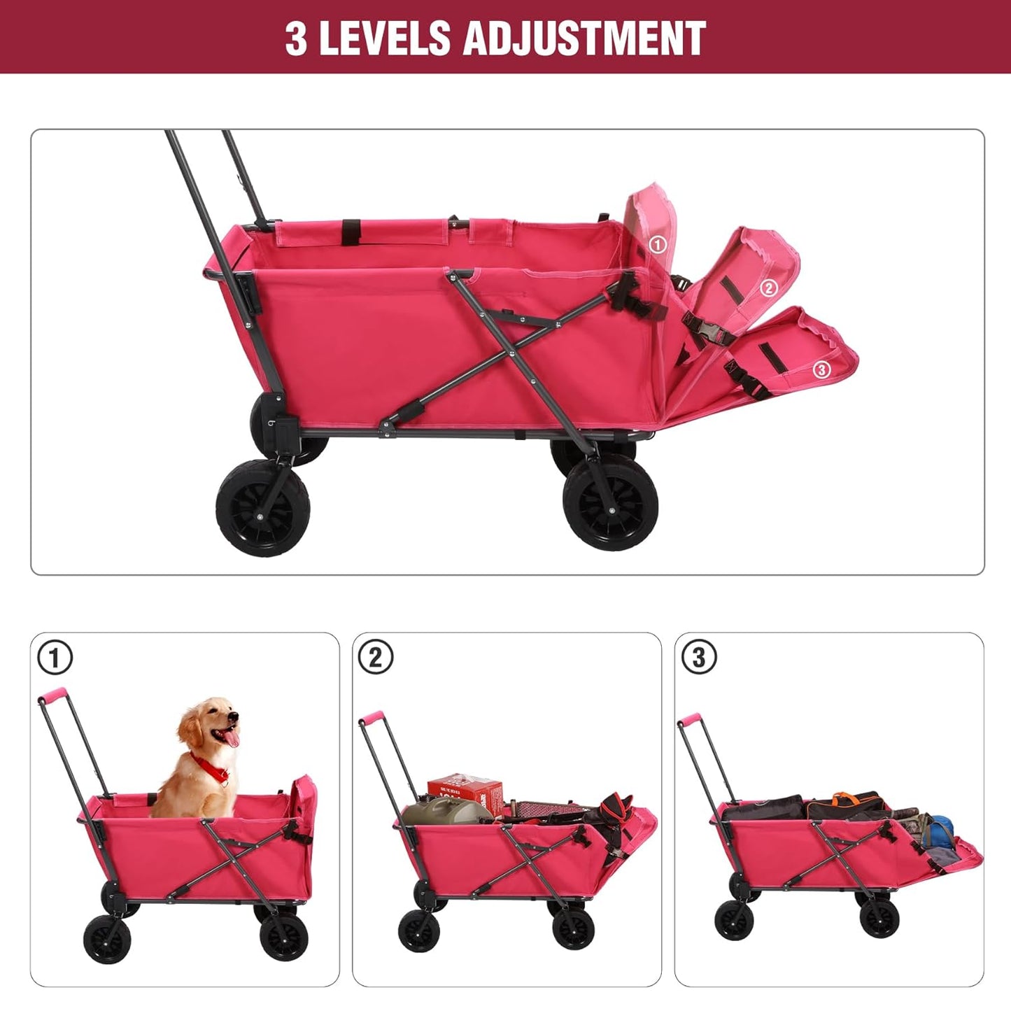 REDCAMP Folding Dog Wagon Cart with Extendable Rear End Heavy Duty, 220L Large Collapsible Utility Cart Dog Stroller with Tailgate for Sports Shopping Pet, Pink