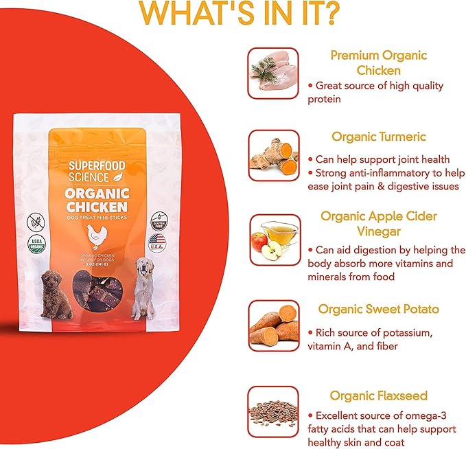 Organic Dog Treats, w/ Chicken, Sweet Potato, Turmeric, & Flaxseed, Low-Calorie, Grain-Free, Semi-Soft, Natural Dog Jerky, Healthy Dog Treats for Training Puppies, Small, Medium & Large Breeds, 5 oz