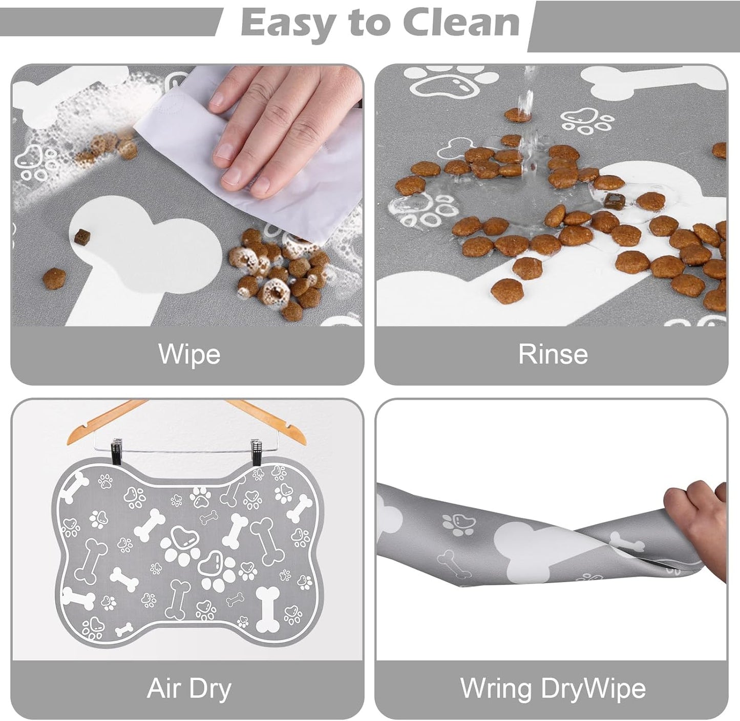 Dog Cat Food Mat,Rapid Absorbent Pet Feeding Mat, Bone Shaped Dog Placemat Water Bowl Mat with Rubber Backing,No Stains Dog Cat Food Mats Indoor, Pet Accessories Supplies 16"×24" Grey