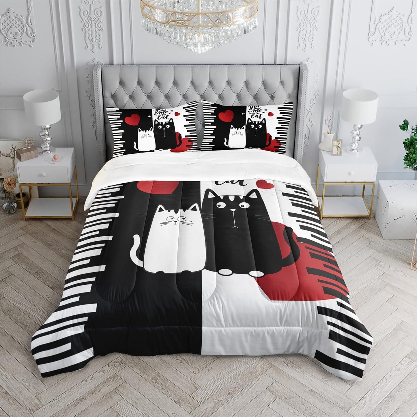 Kawaii Pet Cat Themed Comforter 3Pcs Twin Lover's Kitten Animal Bedding Set for Cat Lover Kid Teen Girl Boy Black White Cat Heart Pattern Quilt Bed Decor with 1 Comforter and 2 Pillowcases