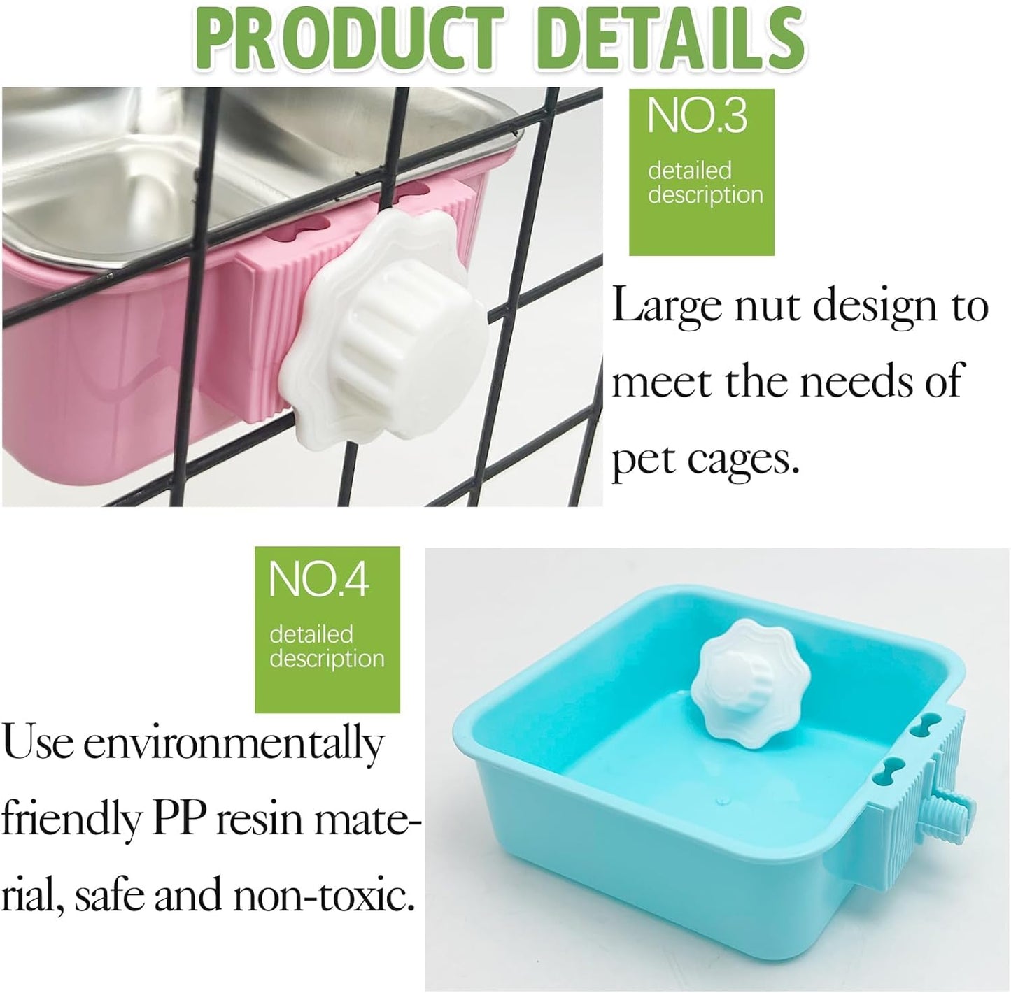 kathson Crate Dog Bowl, Removable Stainless Steel Hanging Pet Kennel Cage Bowl Food & Water Feeder Coop Cup for Puppy, Cat, Rabbit,Guinea Pigs 2pcs Large Square(Blue,Pink)