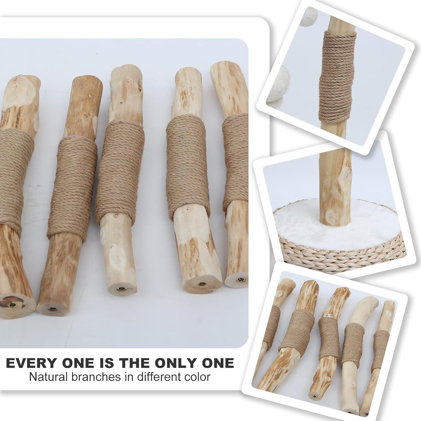 Modern Cat Tree Tower for Indoor Cats, Real Branch Luxury Cat Condo with Scratching Post, Jumping Platforms, Hanging Toy Ball for Multi-Cat Households