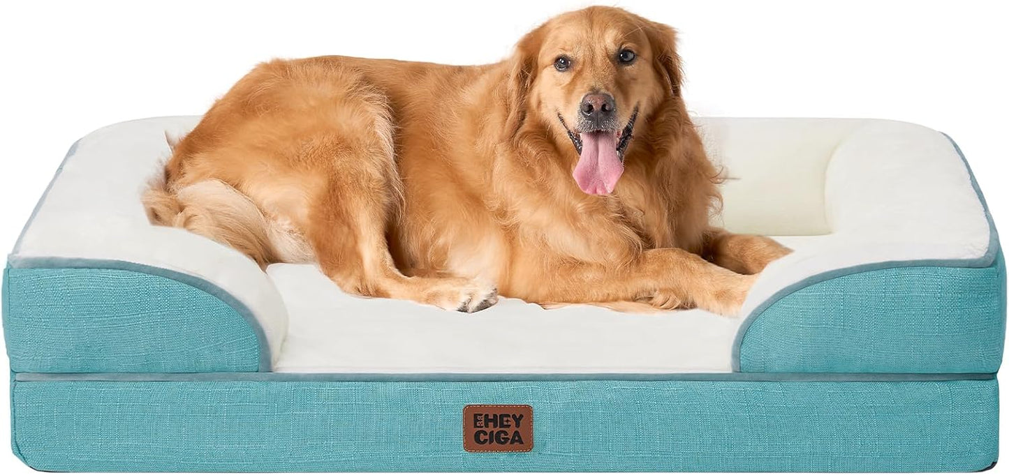 EHEYCIGA Orthopedic Dog Beds for Extra Large Dogs, Waterproof Memory Foam XL Pet Bed with Sides, Non-Slip Bottom and Egg-Crate Foam Big Dog Couch Bed with Washable Removable Cover, Turquoise Blue