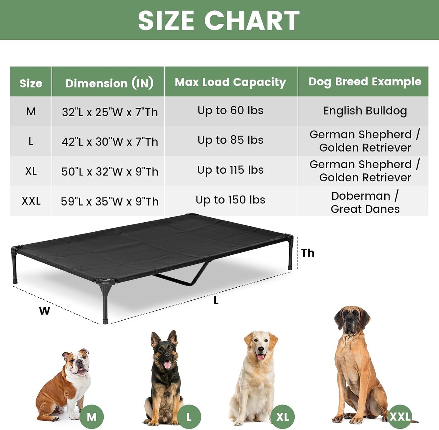 Elevated Dog Bed for Outdoor, XL Raised Dog Cot with Washable Mesh, Cooling Pet Cot Chew Proof for Outside Camping, 49"x33" Black