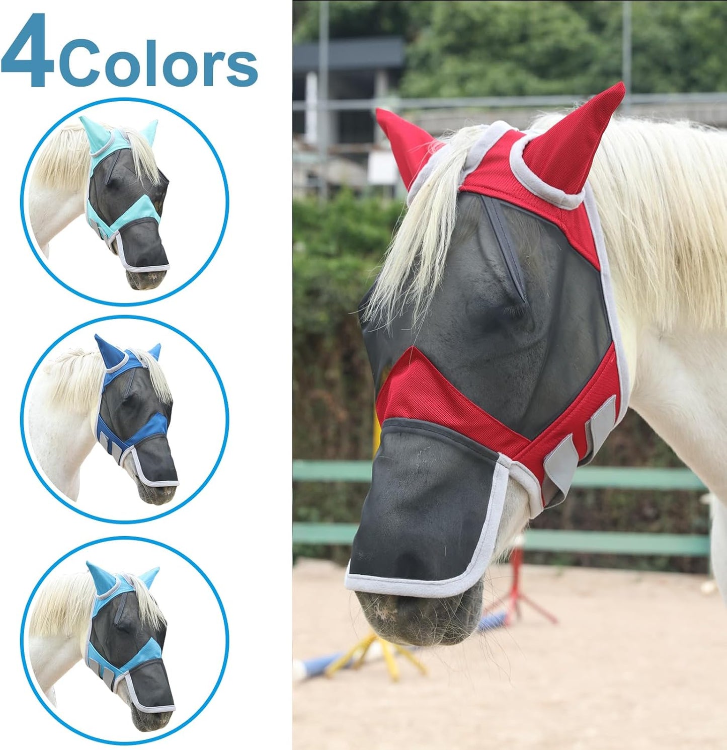 Horse Fly Mask with Ears & Long Nose Cover | Forelock Opening for Tangle-Free Mane Care | UV Protection & Breathable Mesh | No Rub Fit and Enhanced Visbility for Trail Riding Red Pony