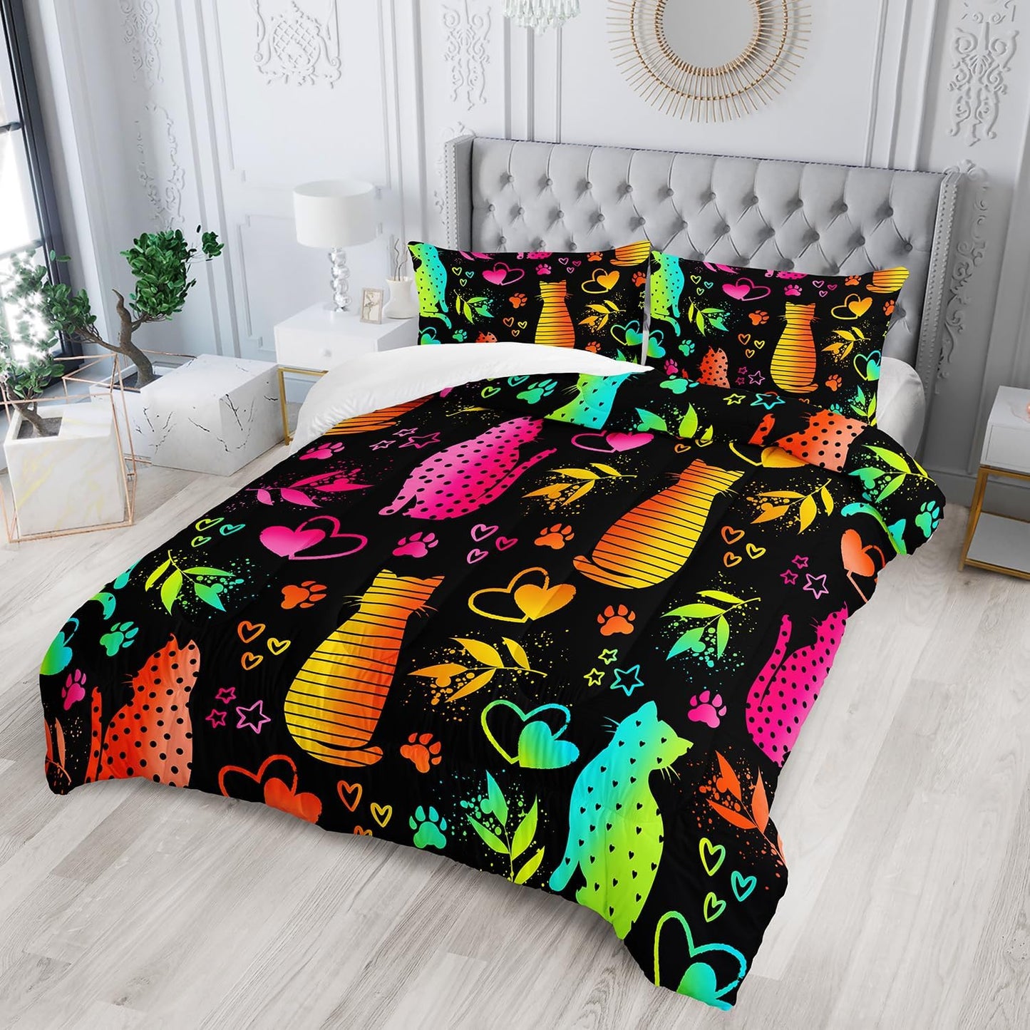 Kawaii Cat Animal Comforter 3Pcs Queen Lovely Pet Cat Bedding Set for Kid Teen Girl Boy Adult Room Decor Cartoon Kitten Paw Heart Bamboo Leaf Pattern Quilt with 1 Comforter and 2 Pillowcases