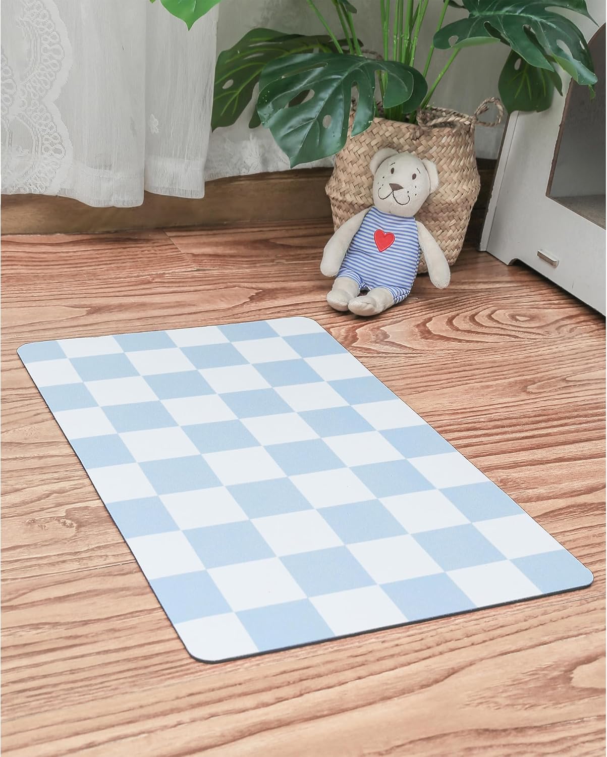 Ralxion Checkered Dog Feeding Mat, Absorbent Mats for Dog Food and Water Bowl, Dispenser, Retro Aesthetic Light Blue Checkerboard Pet Placemat for Dogs, Cats, Puppy Accessories, 16" X 24”