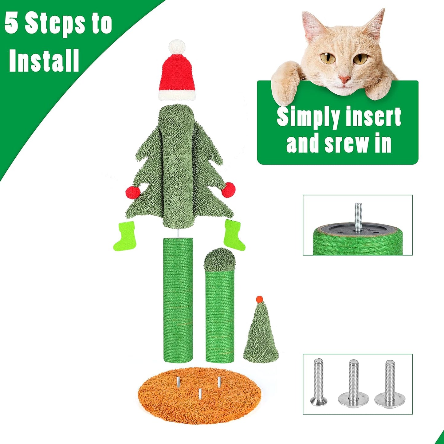 32” Cat Scratching Post, Tall Christmas Tree Cat Scratcher with 3 Posts and Cute Dangling Teaser Balls, Natural Sisal Rope Cat Toys for Kitty and Adult Cats