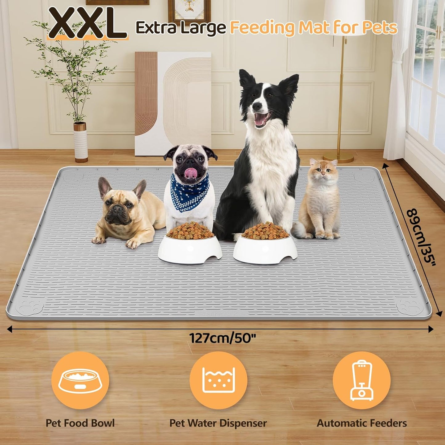 Dog Food Mat, Extra Large 50" x 35" Silicone Pet Feeding Mat with Raised Edge Pet Placemat for Small, Medium, and Large Pets Non-Slip, Easy to Clean (Grey)