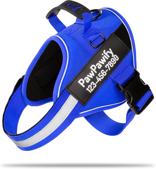 PawPawify Custom No Pull Dog Harness with Name and Phone Number, Heavy Duty Personalized Pet Vest to Prevent Tugging, Pulling, or Choking, Training and Walking (New Blue, S (10-19LBS))