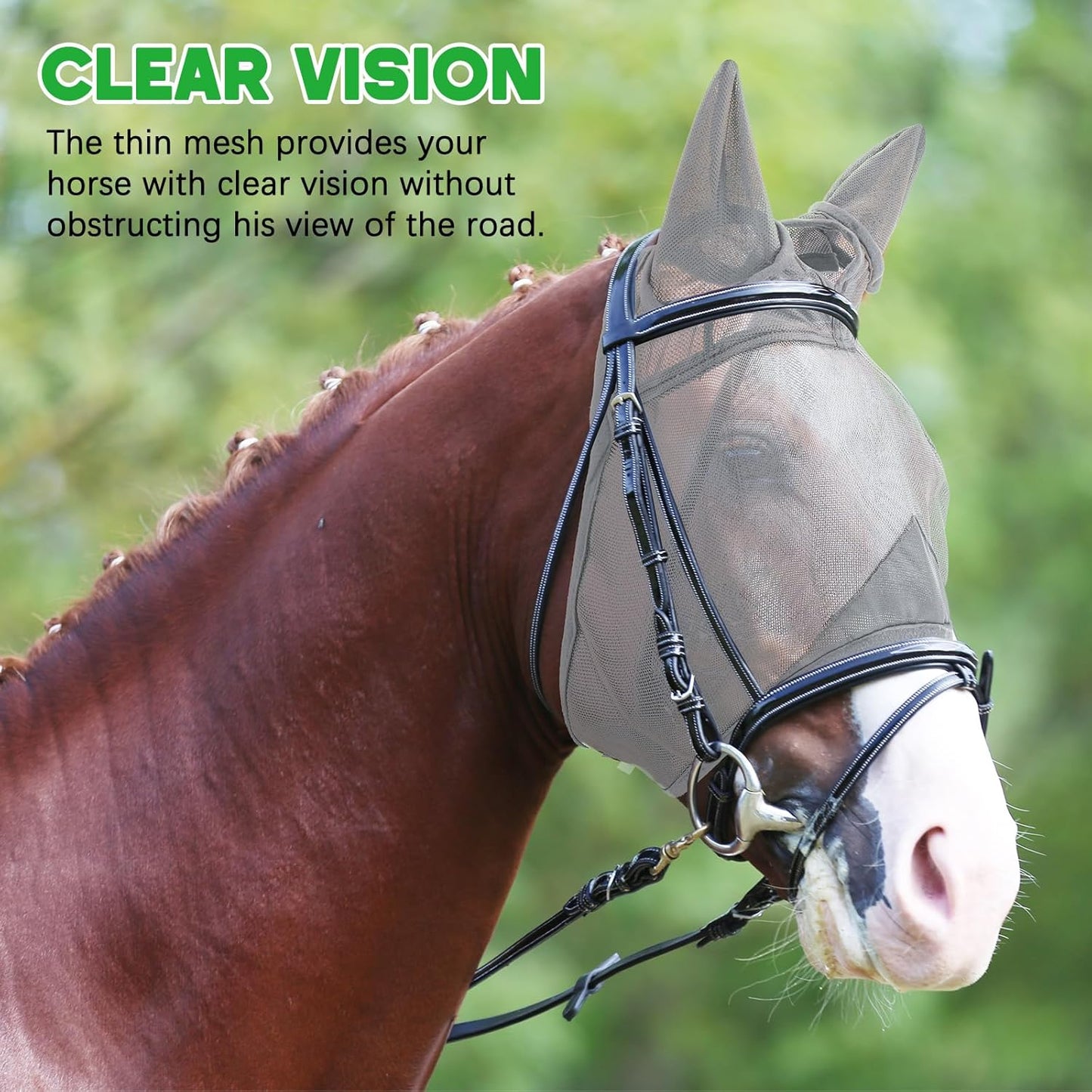 2 Pcs Horse Fly Mask with Ears Adjustable UV Protection Horse Fly Mask Accessories Large Eye Space with Ears for Horses Summer, Black and Gray, L