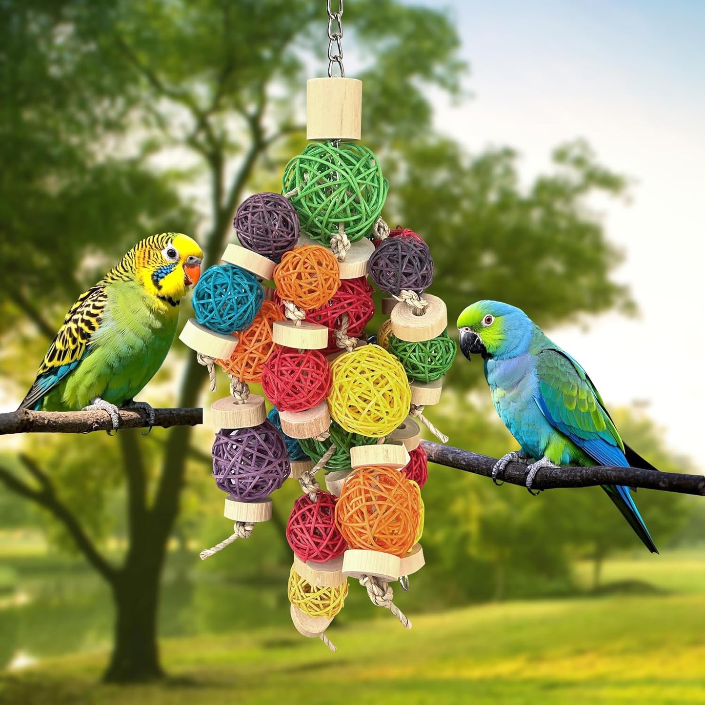 LUCKITTY 22" Bird Toys for Large Parrots - Natural Wood, Rattan Ball & Corn Cob Chewing Toys with Edible Colors | Safe for Macaw, Cockatoo, Conures | Cage Hanging Enrichment Accessories
