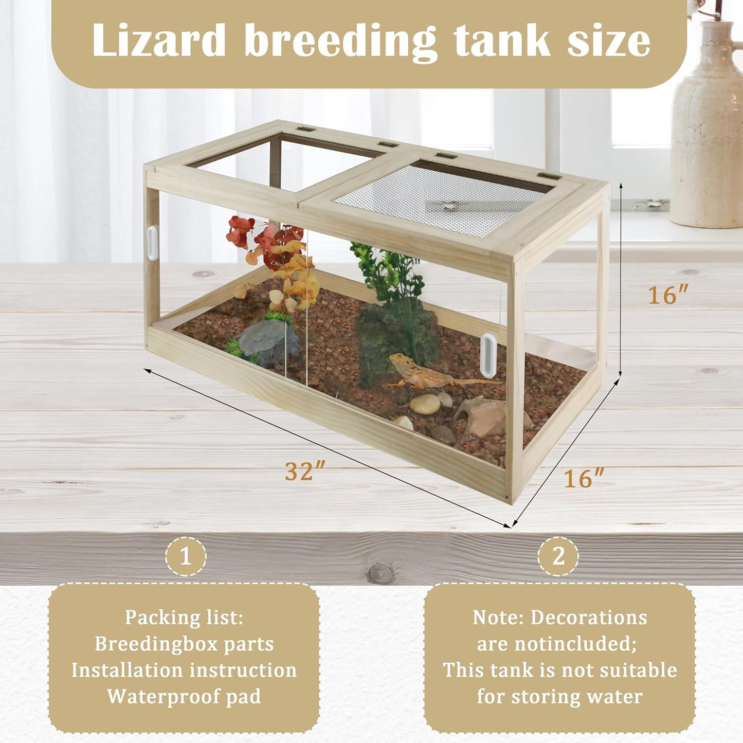 30 Gallon Bearded Dragon Tank, 32 * 16 * 16 Inch Reptile Tank, Lizard Terrarium with Sliding Door & Top Screen Ventilation, Suitable for All Types of Reptile, Snakes, Hamsters,