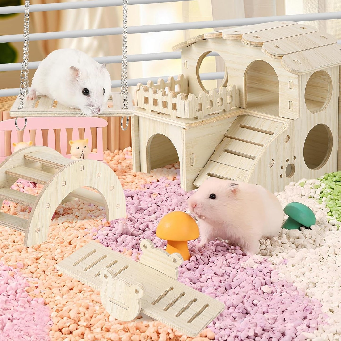 Wooden Hamster Toys 5-Piece Set - Natural Wood Hamster House, Swing, Climbing Ladder, Seesaw & Exercise Wheel - Small Animal Habitat Accessories for Dwarf Hamsters, Gerbils, Mice