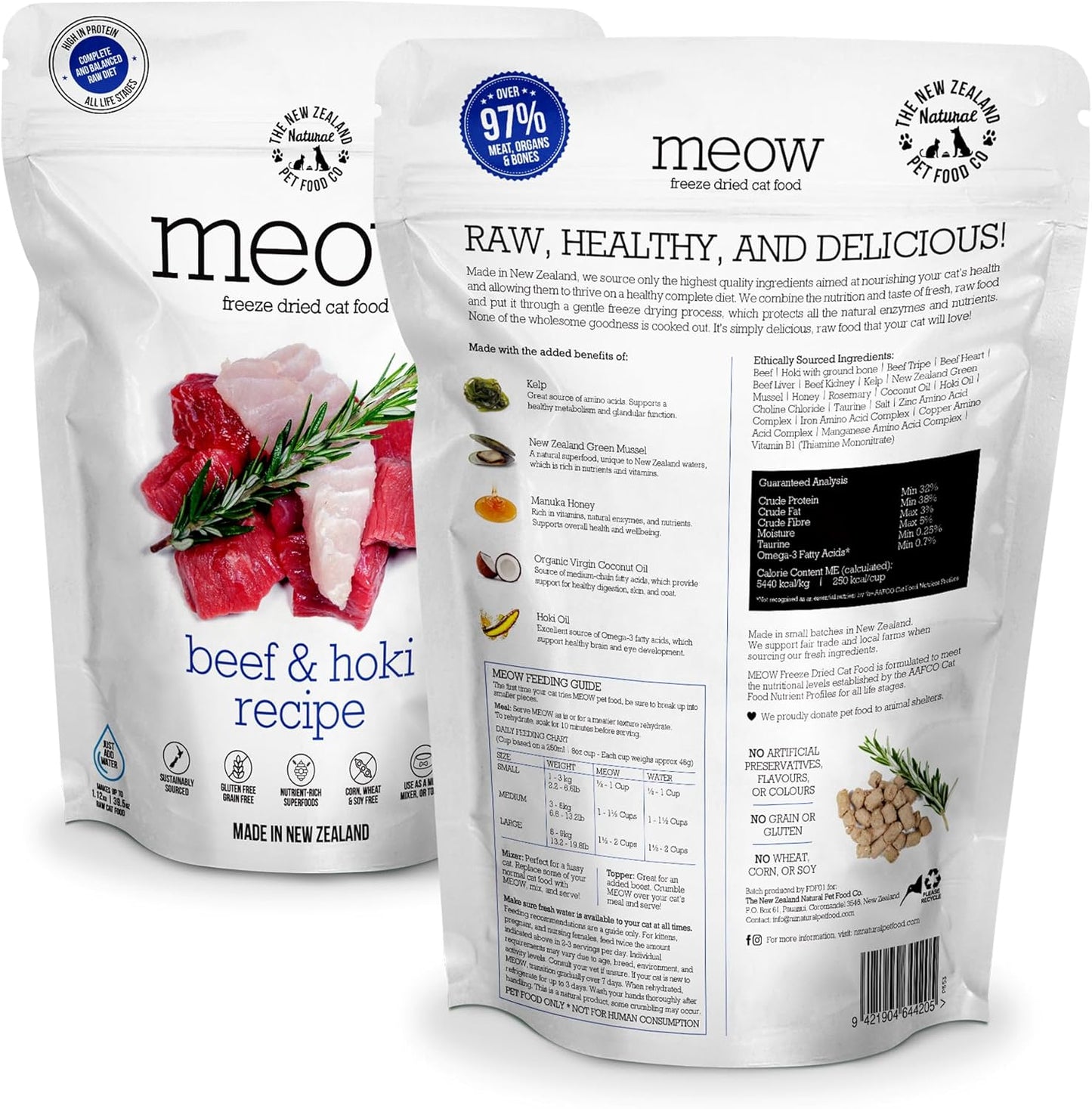 Meow Beef & Hoki Freeze Dried Raw Cat Food, Mixer, or Topper, or Treat - High Protein, Natural, Limited Ingredient Recipe 9.9 oz