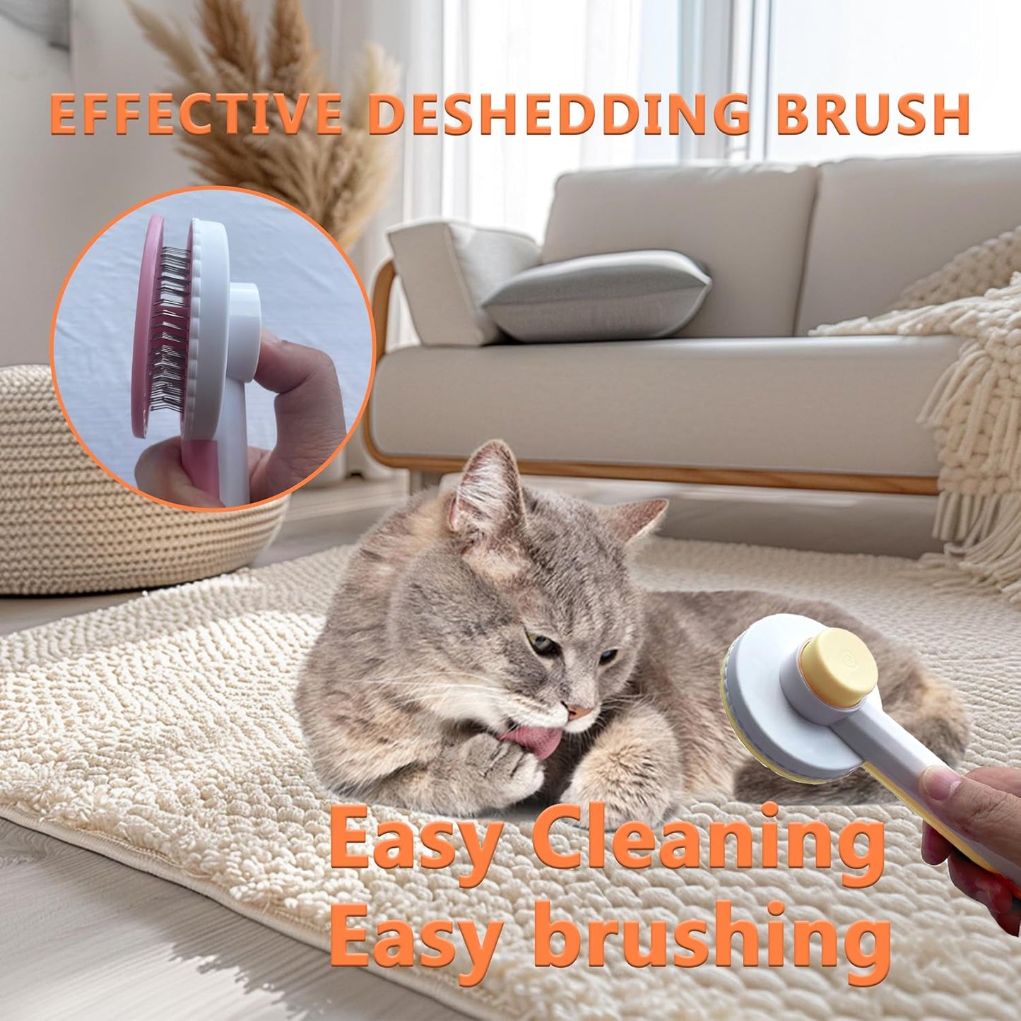 Cat Grooming Brush Kit 6 Tools - Deshedding & Dematting for Long/Short Hair, Self-Cleaning Slicker Brush with 6-in-1 Flea Comb for Cats & Kittens (Orange)