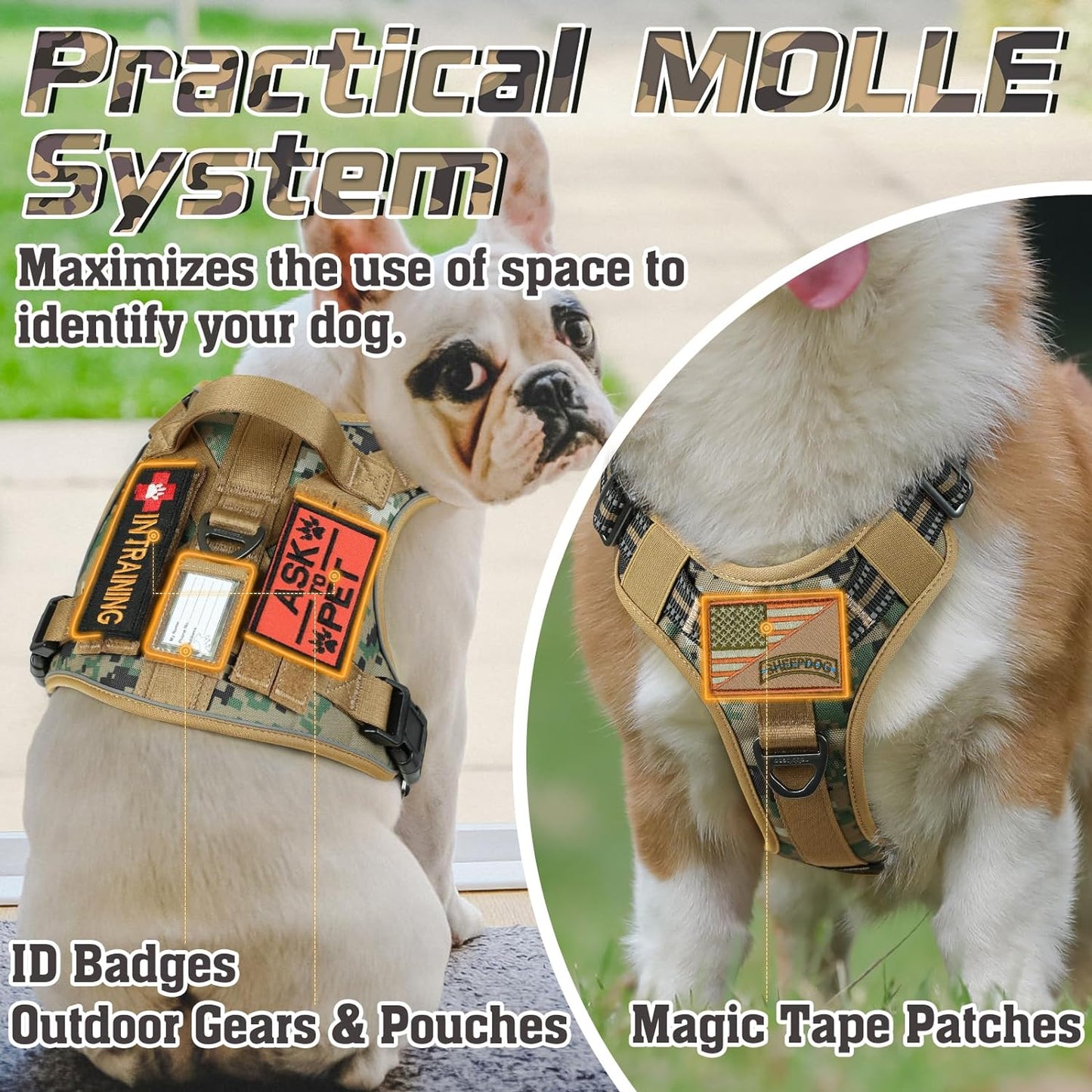 rabbitgoo Tactical Dog Harness for Small Dogs, No Pull Military Service Vest with Handle & Molle, Easy Control for Training Walking, Adjustable Reflective Straps, Brown camo, S