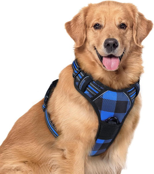 rabbitgoo Dog Harness No Pull with 2 Leash Clips, Adjustable Soft Padded, Reflective Oxford No Choke Pet Vest with Easy Control Handle for Large Dogs, Blue Plaid, XL