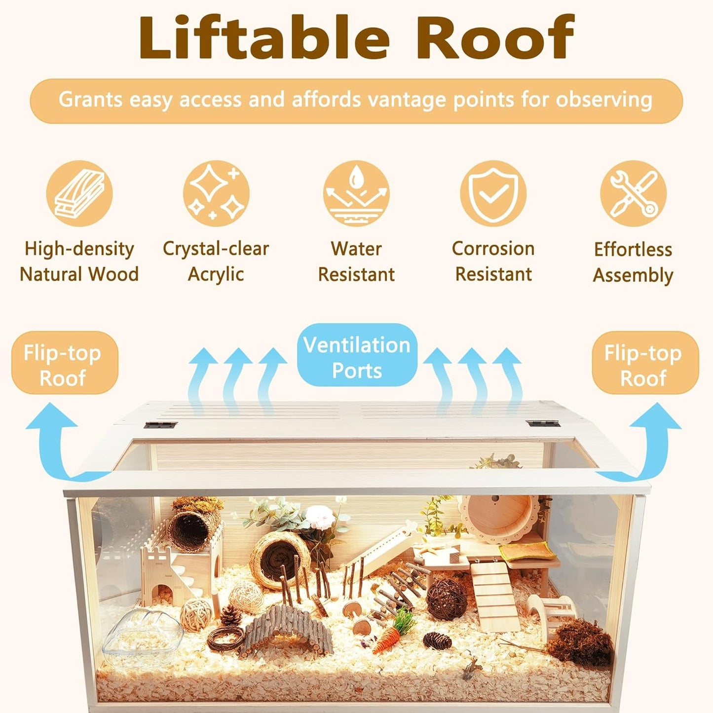 Prolee Hamster Cage with Legs Chew Proof Hamster Habitat Guinea Pig Cages, Hamster House, Hamster Cages and Habitats (32" L x 16" W x 40" H, Thick Wood Roof)