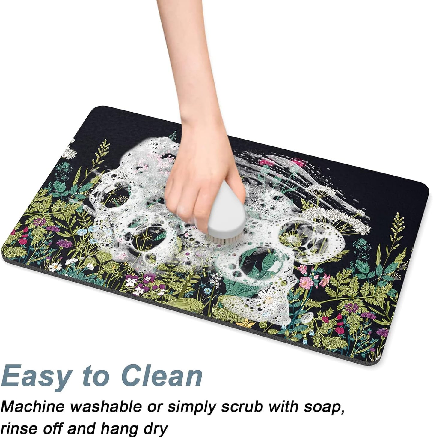 Rnivvi Dog Food Mat, 12" x 19" Flower Absorbent Dog Cat Bowl Mat for Food and Water, Cute Anti-Slip Rubber Pet Feeding Rug Protect Floors, Puppy Placemat for Feeding & Watering Supplies,Black Floral