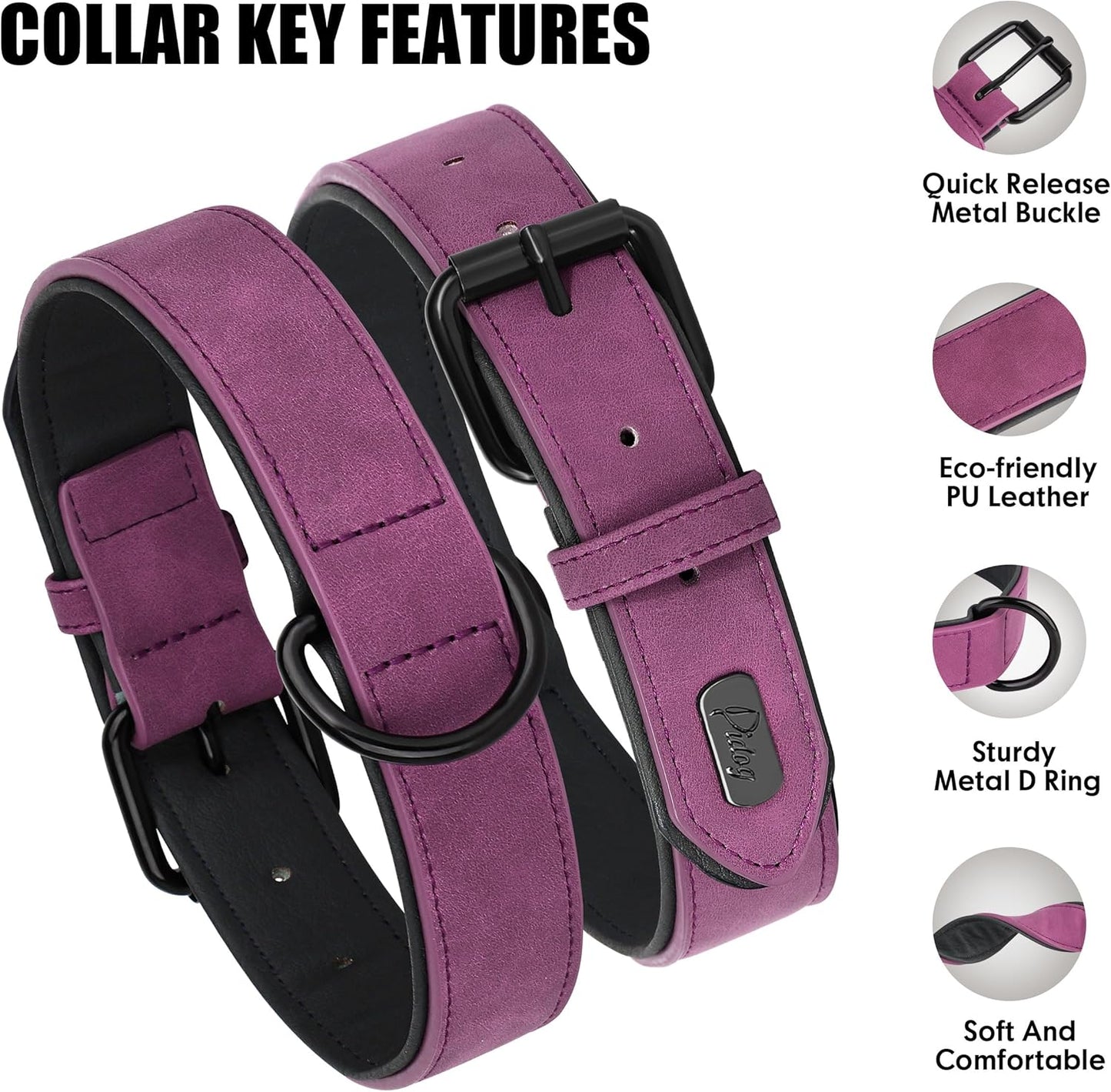 Didog Soft Padded PU Leather Dog Collar, Breathable and Adjustable Dog Collar for Large Dogs, Comfortable for Daily Walk, Purple, XL Fit Neck 17-21"(44-71 lbs)