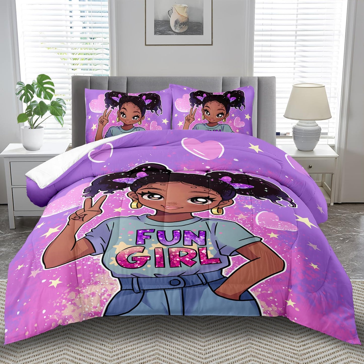 African American Black Girl Comforter Set King Size,Cute Black Girl Bedding Set King for Kids,Kawaii Heart Comforter Purple Bedding Decor for Teen,Purple Bed Quilt