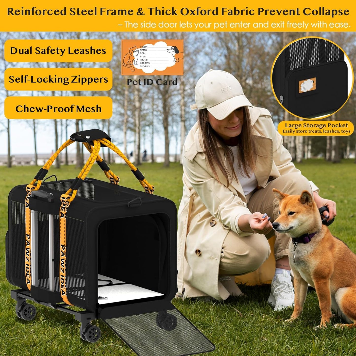 PAWZIDEA Expandable Pet Carrier with Wheels, 24"x16"x16" Large Cat Carrier for 2 Cats, Soft-Sided Dog Travel Crate for Small Medium Dog, Collapsible Rolling Travel Bag w/Telescopic Handle, Chew-Proof