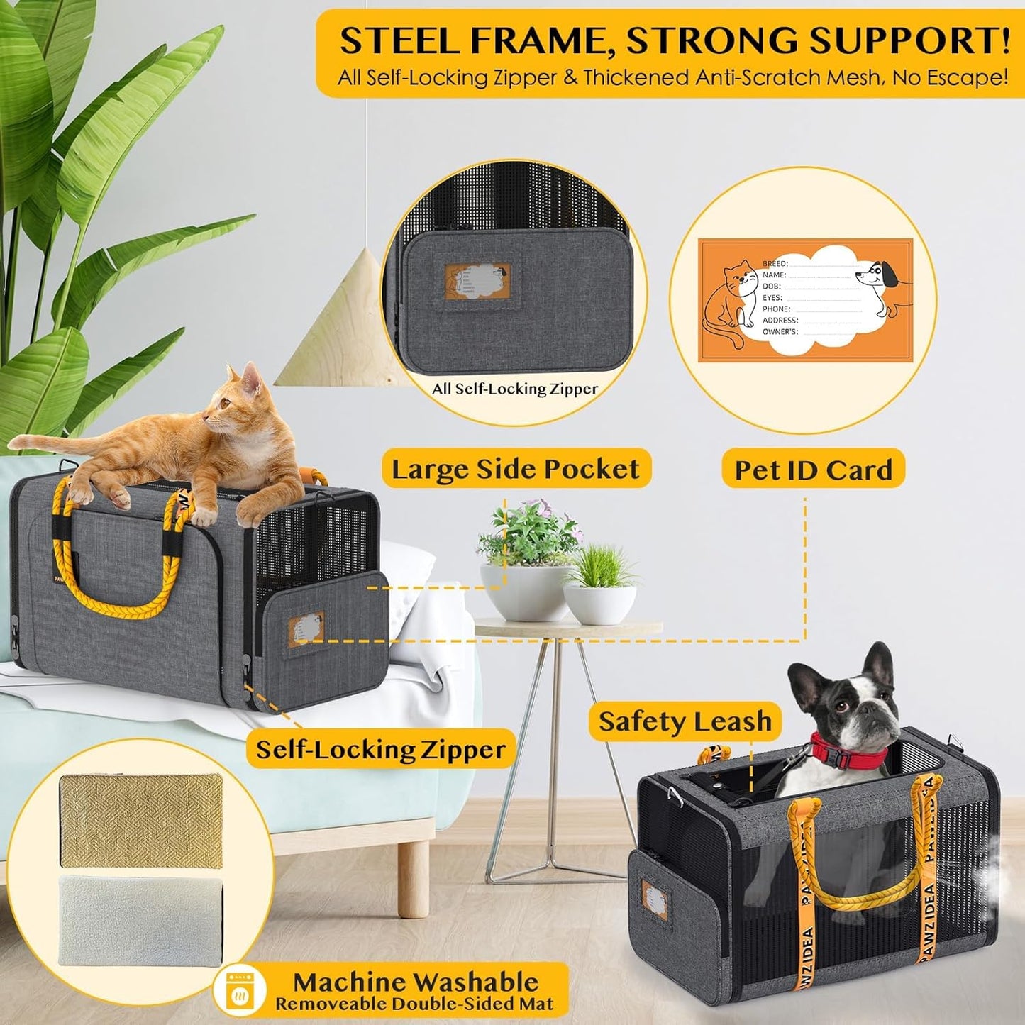 PAWZIDEA Expandable Pet Carrier w/ID Card, 18x11x11 in Small Dog Carrier TSA Airline Approved, Top Load Cat Carrier for 2 Cats Under Seat, Soft-Sided Collapsible Puppy Car Seat Dog Travel Bag, Up 15lb