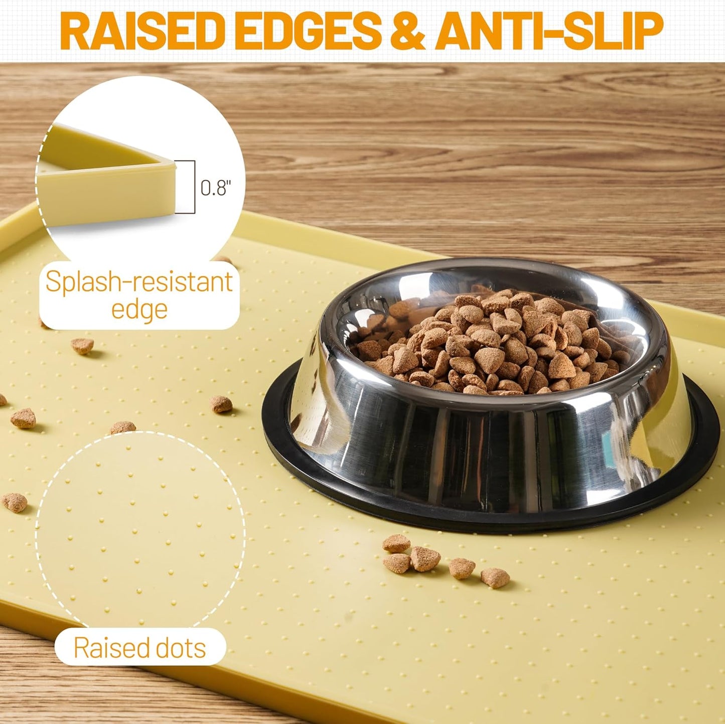 Hubulk Dog Feeding Mat,100% Waterproof Food Grade Silicone Pet Food and Water Bowl Placemat,Dishwasher, High Raised Edge to Prevent Spills,Nonslip Tray to Stop Messes on Floor（28"x18"x0.8", Yellow）