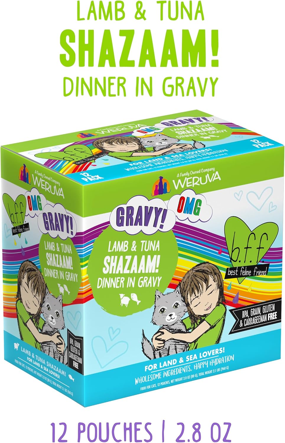Weruva B.F.F. OMG - Best Feline Friend Oh My Gravy!, Shazaam! with Lamb & Tuna in Gravy Cat Food, 2.8oz Pouch (Pack of 12)