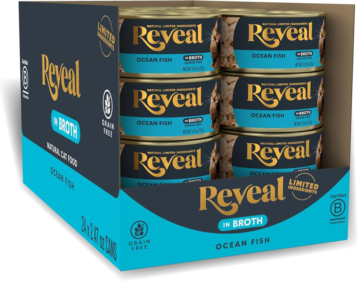 Reveal Natural Wet Cat Food, 24 Count, Grain Free, Limited Ingredient Canned Food for Cats, Ocean Fish in Broth, 2.47 oz Cans