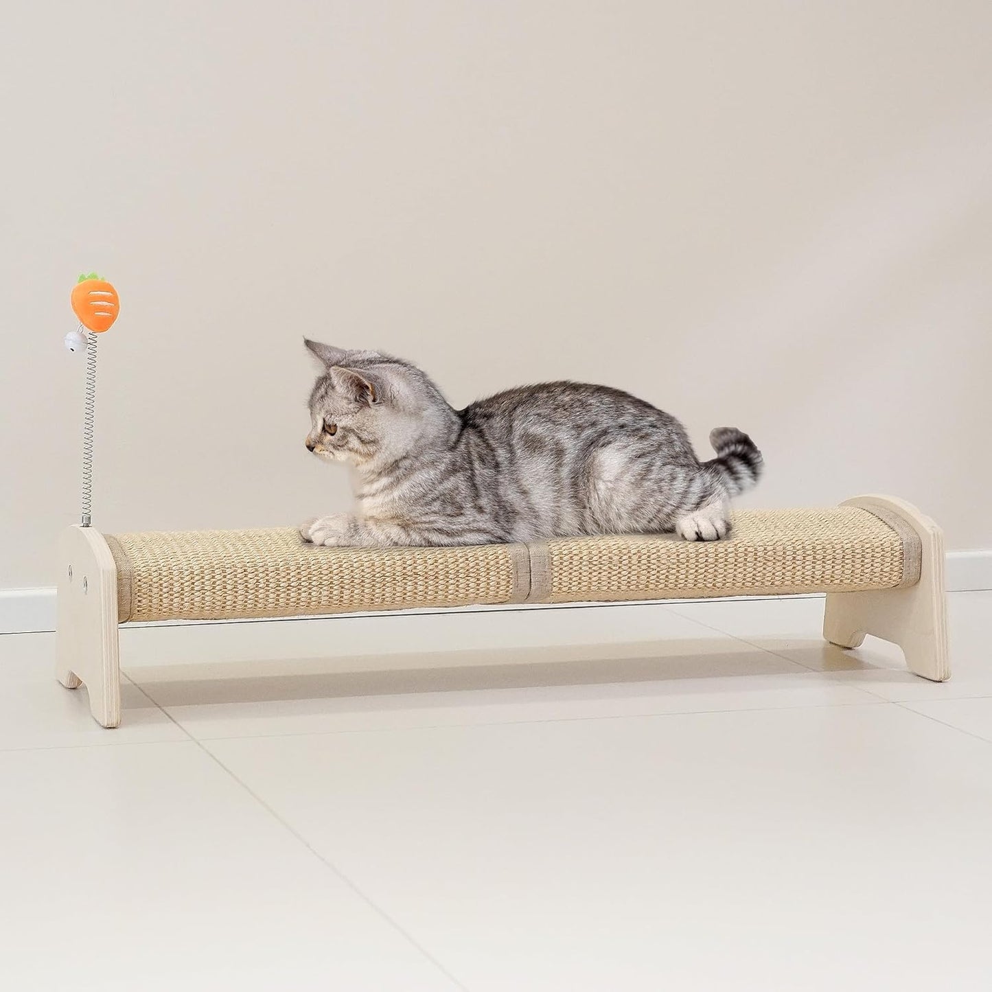 Cat Scratching Post, 30" Horizontal Sisal Scratch Post for Indoor Cats, Durable Cat Furniture Protector with Spring Toy