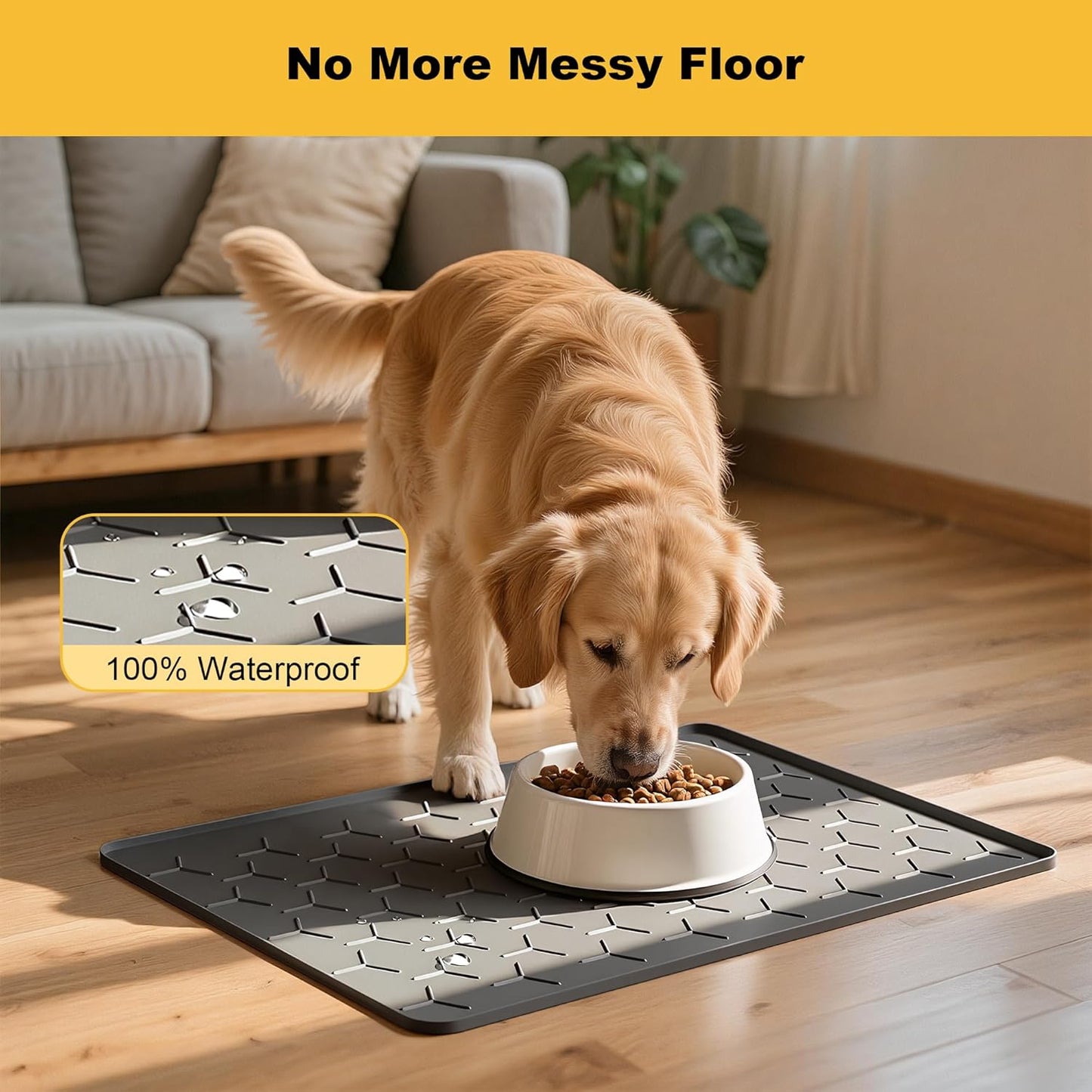 Pieviev Dog Cat Food Bowl Mat, Silicone Waterproof Food Grade Pet Food Mat for Floor, High Raised Edge to Prevent Spills, Non-Slip & Easy Clean Pet Placemat for Dog & Cat Bowls, 24''x16'', Dark Gray