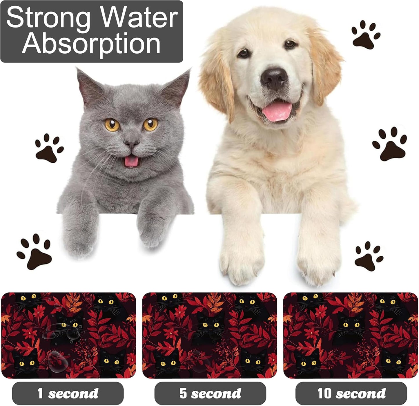 Black Cat Forest Pet Feeding Mat-Quick Dry Absorbent Dog Cat Food Mat, Anti-Slip Water Bowl Mats for Messy Eaters-No Stains Indoor Pet Accessories 16"x24"