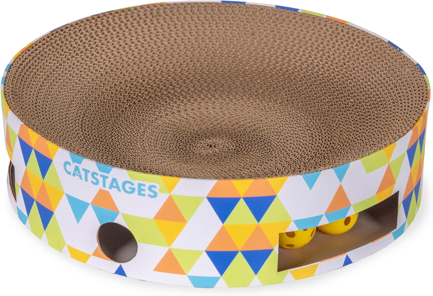 Catstages Bowl Track Scratcher Cat Ball-Track Toy, Corrugated Scratch, and Lounger All-in-One, Two Balls Included for Interactive Play, Multicolored