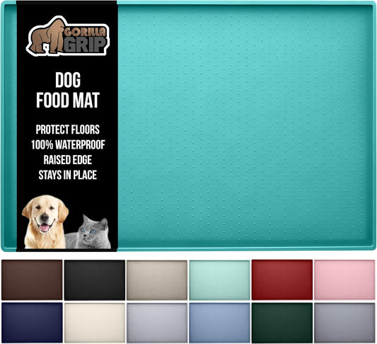 GORILLA GRIP 100% Waterproof Raised Edge BPA Free Silicone Pet Feeding Mat, Dog Cat Food Mats Contain Spills Protects Floors, Placemats for Cats and Dogs Water Bowl, Pets Accessories 32x24 Turquoise