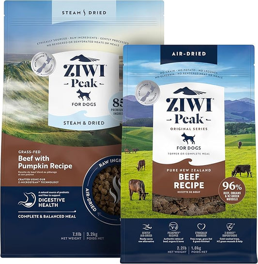 ZIWI Peak Large Beef Dry Dog Food Bundle- Air-Dried Beef (35.2oz) + Steam & Dried Beef w/Pumpkin (113.6oz)