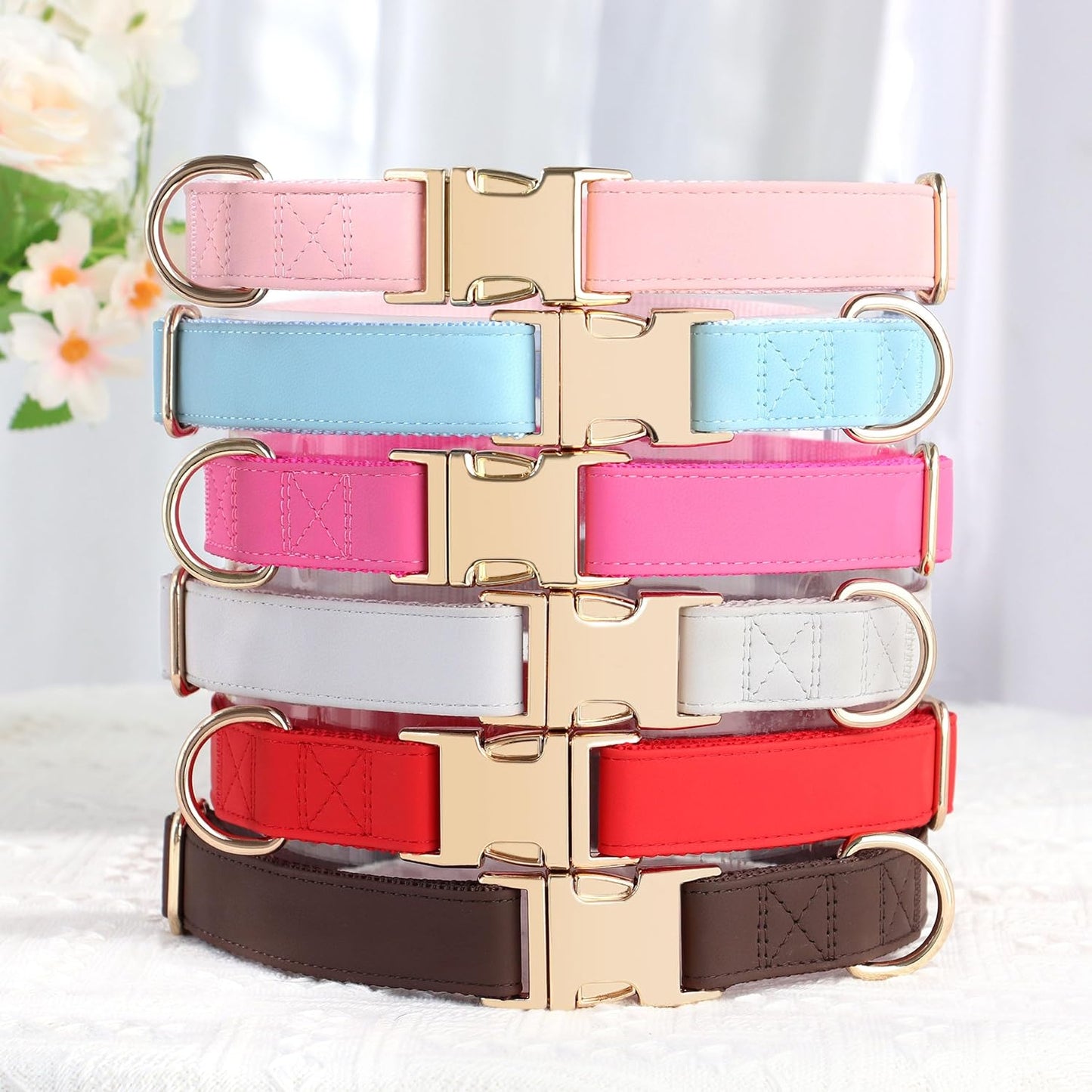 PET ARTIST PU Leather Dog Collar, Bright & Stylish Brown Dog Collar with Quick Release Gold Metal Buckle, Soft Nylon Padded Durable Pet Collars Adjustable for Large Dogs, Neck Fit 16-27"