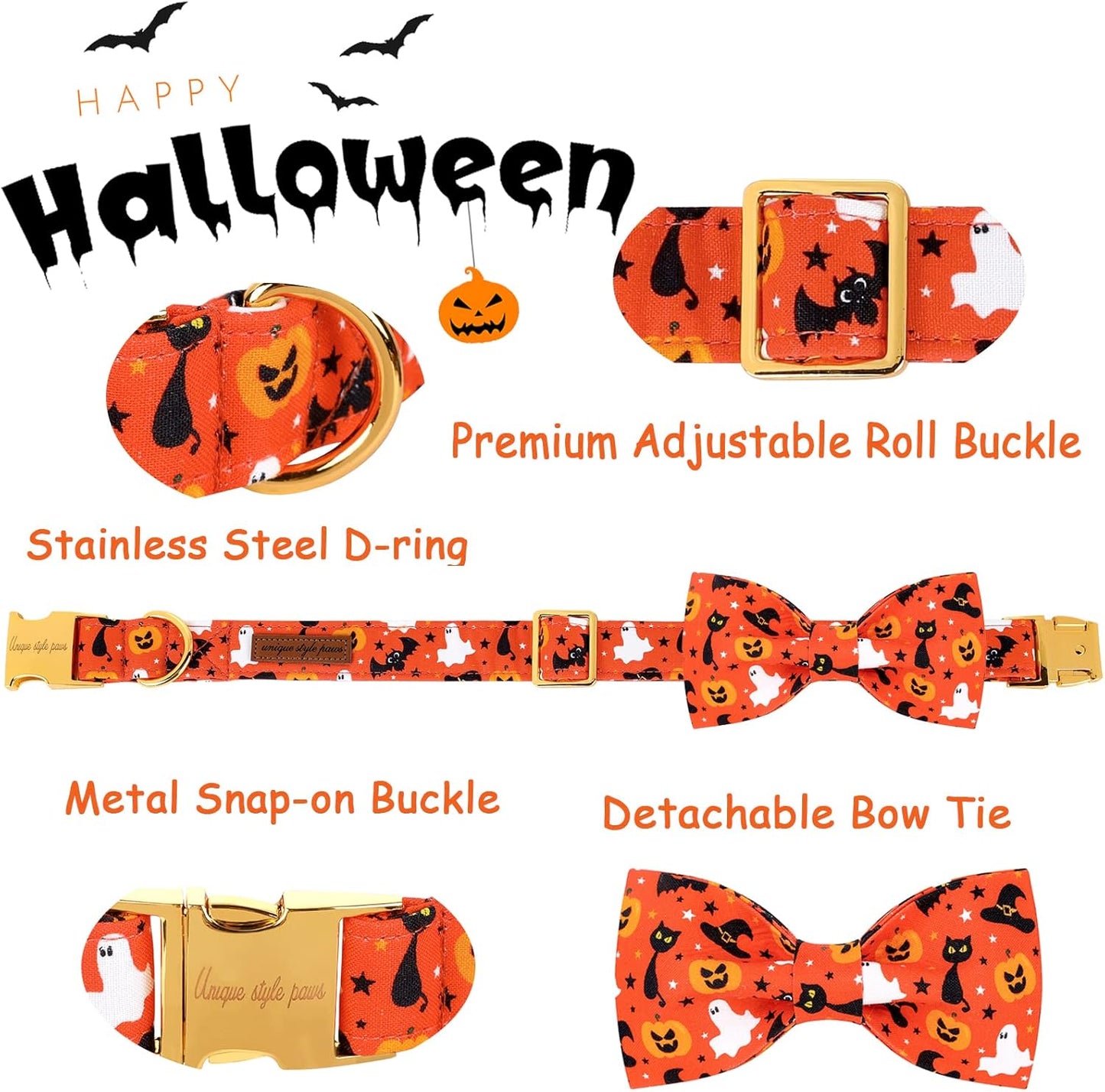 Unique style paws Halloween Dog Collar with Bow Tie Cotton Adjustable Puppy Collar for Small Medium Large Dogs-L