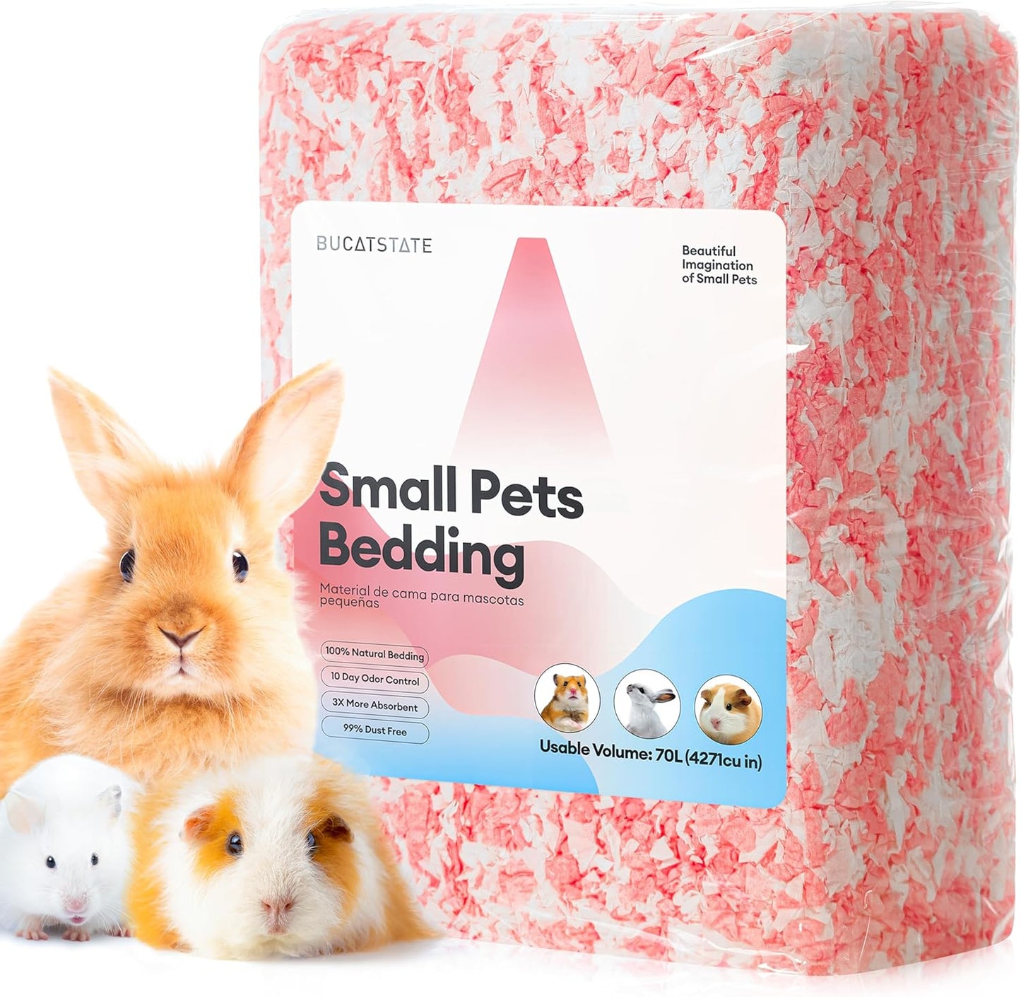 BUCATSTATE Hamster Bedding 70L, 99% Dust-Free Guinea Pig Bedding Odor Control Paper Bedding, Cozy Small Animal Bedding for Rabbit Rat Syrian Dwarf Hamsters Gerbils (Pink)