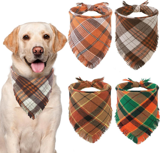 KOOLTAIL Thanksgiving Fall Dog Bandanas 4 Pack - Soft Breathable Washable Plaid Pet Scarf Bibs Kerchief, Dog Autumn Costume, Holiday Triangle Towel for Girl Boy Small Medium Large Dogs Cats, Orange L