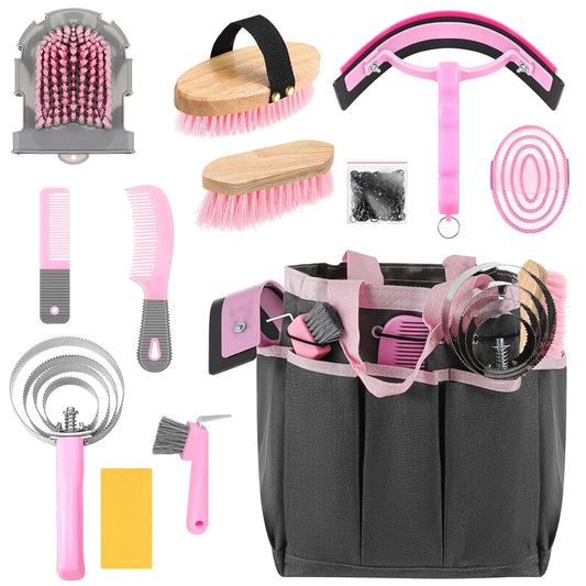 Abbylike 12 Pieces Horse Grooming Kit with Organizer Tote Bag Tack Room Supplies Horse Brush Sets Equine Care Cleaning Kit Shedding Grooming Massaging Tools(Pink and Grey)