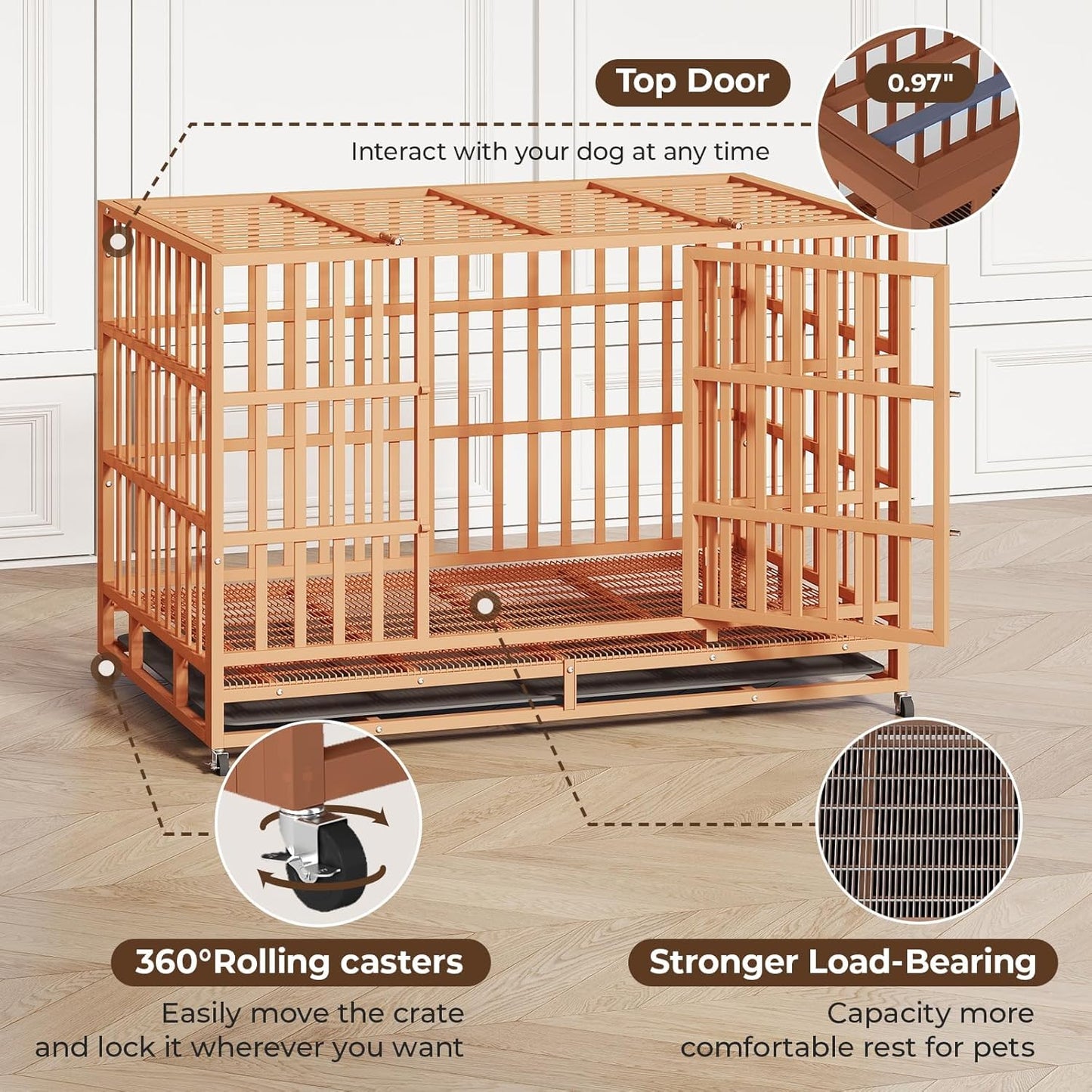 48IN Heavy Duty Dog Crate Steel Escape Proof, Indoor Double Door High Anxiety Cage Removable Tray, Extra Large,Orange