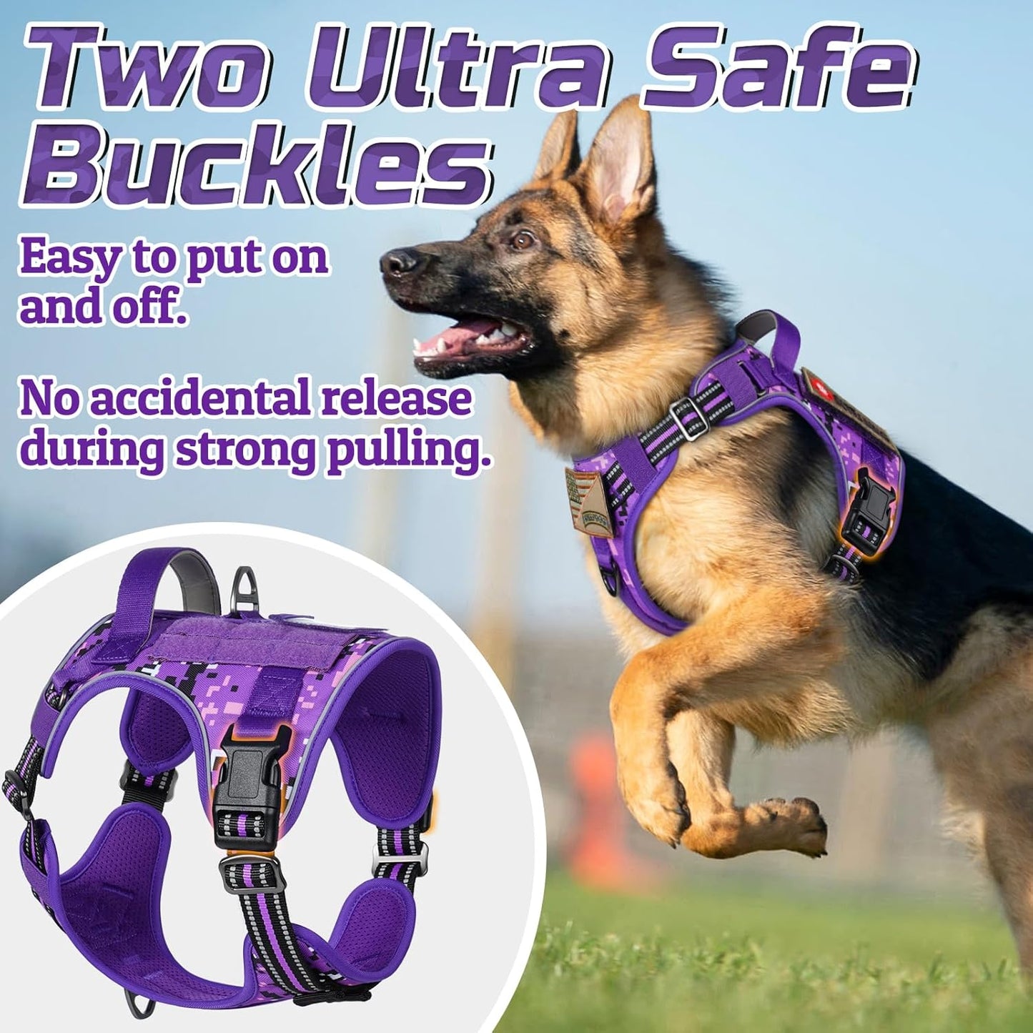 rabbitgoo Tactical Dog Harness for Large Dogs, No Pull Military Service Vest with Handle & Molle, Easy Control for Training Walking, Adjustable Reflective Straps, Purple Camo, XL