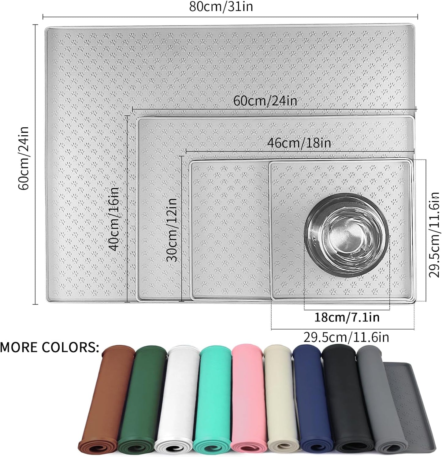 Ptlom Dog Food Mat Anti-Slip Bowl Mats for Food and Water, Waterproof Silicone Pet Placemat with High Raised Edges, Non-Slip Puppy Feeding Tray for Small, Medium Large Cats Dogs, Gray, 11.8"x11.8"