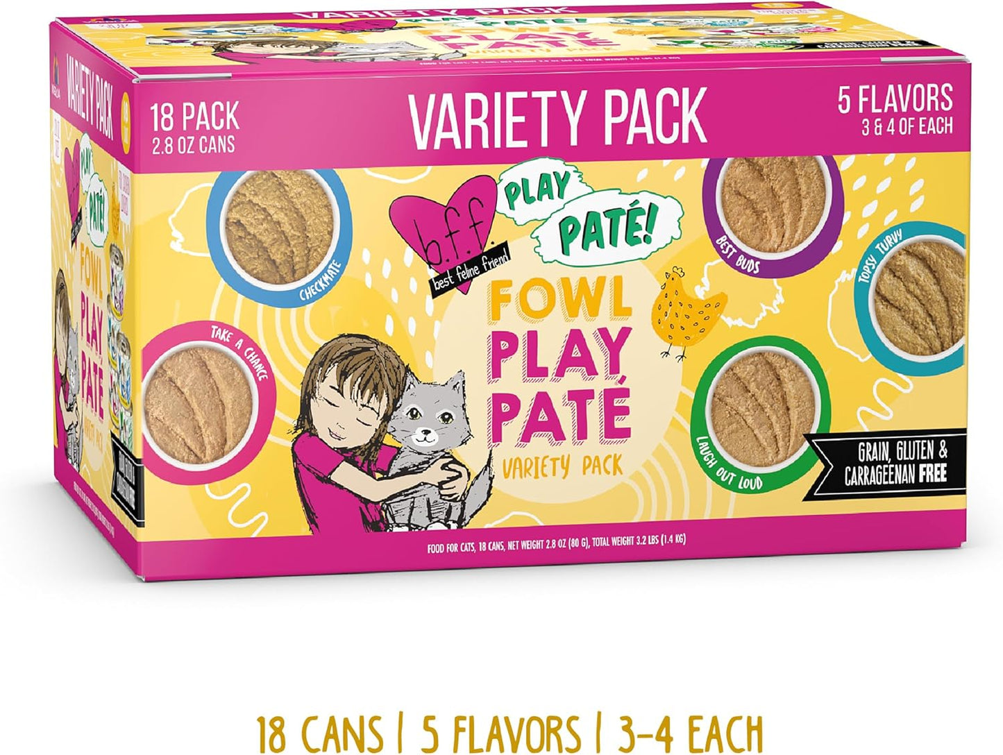 Weruva B.F.F. Play - Best Feline Friend Paté Lovers, Aw Yeah!, Fowl Play Yellow Patés Variety Pack, 2.8oz Can (Pack of 18)