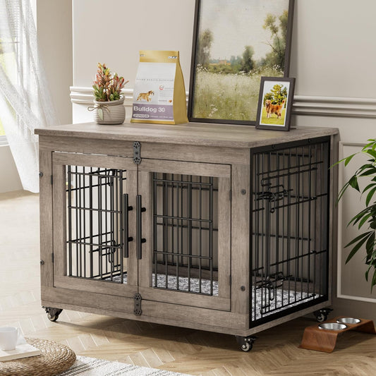 Lulive Dog Crate Furniture for Medium Dogs, 32'' Dog Kennel Indoor with Cushion & Wheels Wooden Dog Cage Double Doors Dog Crate End Table, Grey